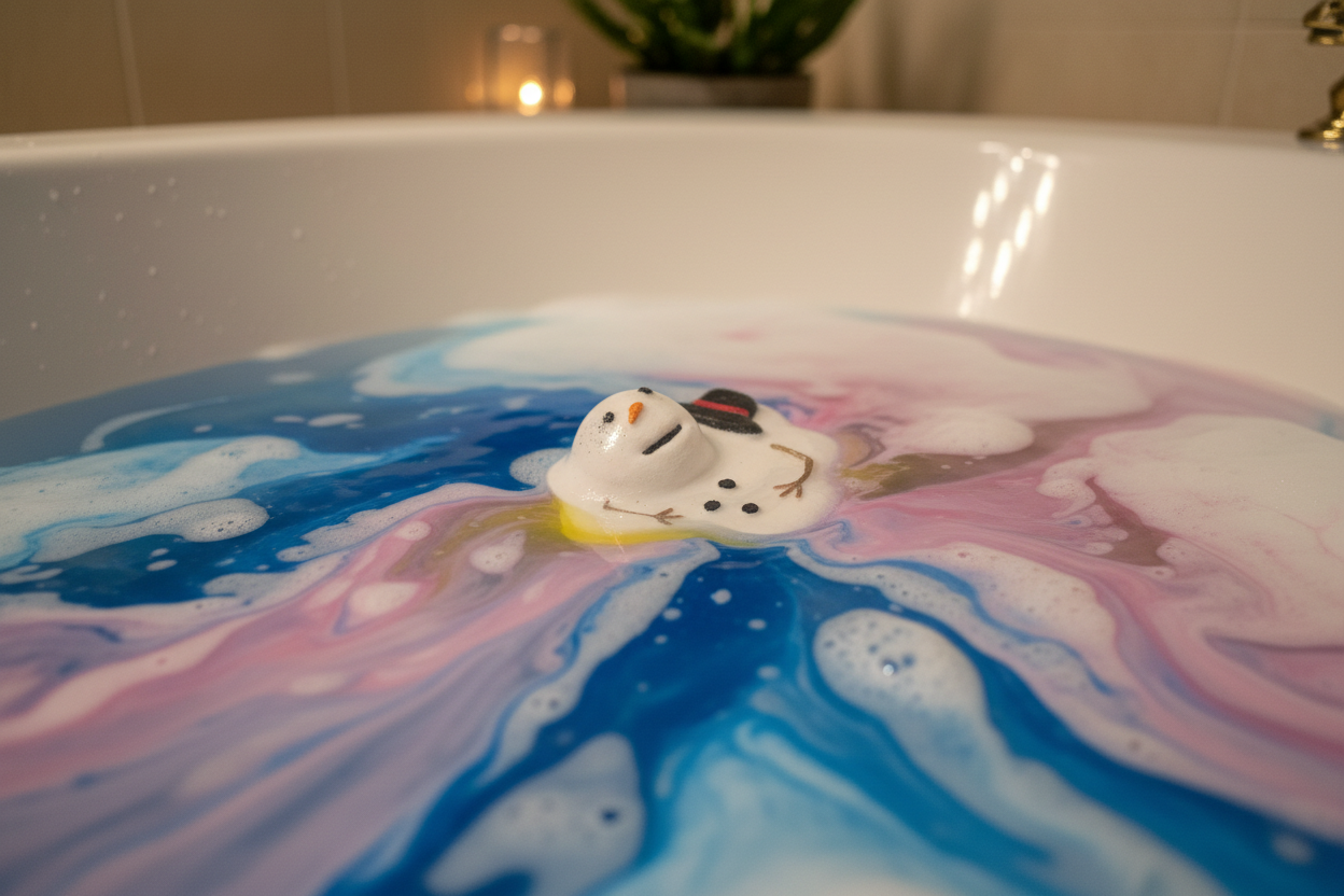 Melted snowman bath bomb fizzing in bath water with blue and pink color swirls