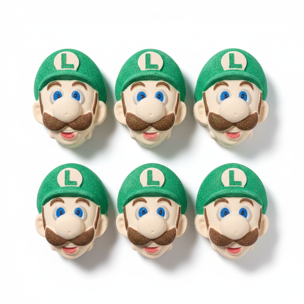 Four Luigi-themed bath bombs with green hats and facial features on a textured surface.