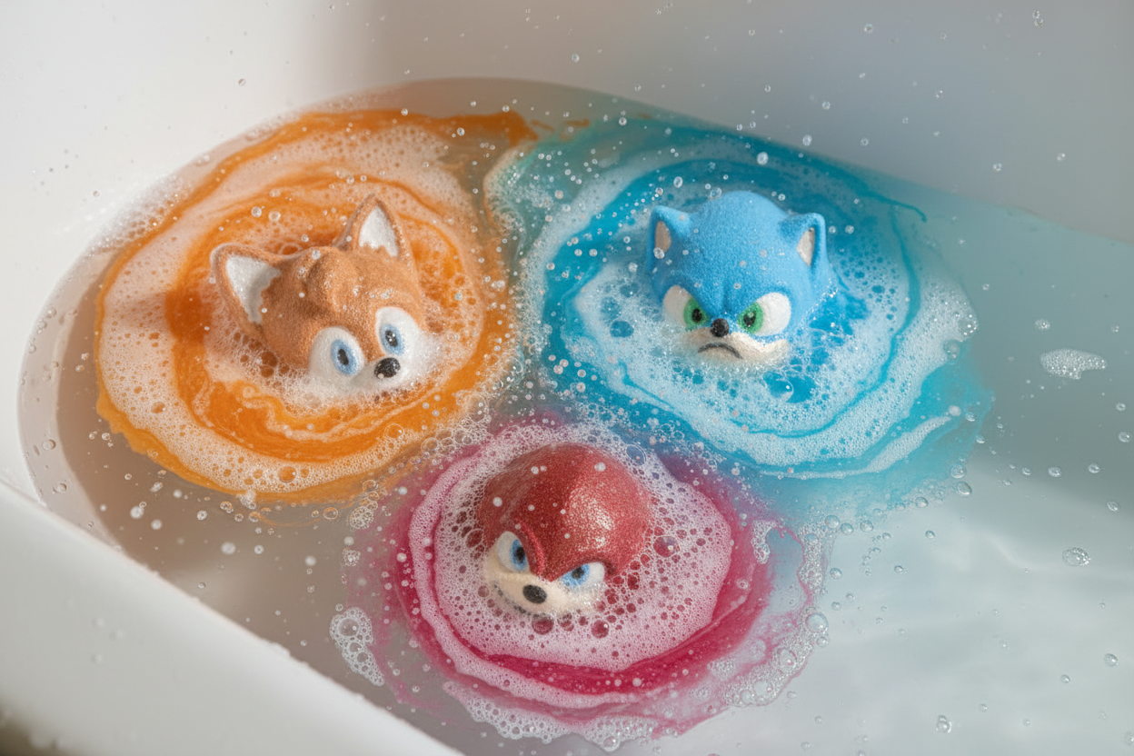Three colorful sonic figurines in a box with shredded paper