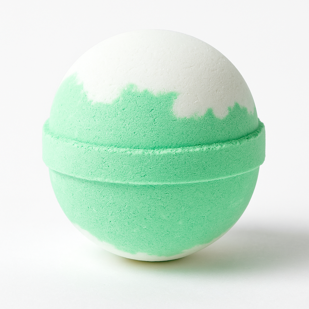 Green and white bath bomb on a light gray background