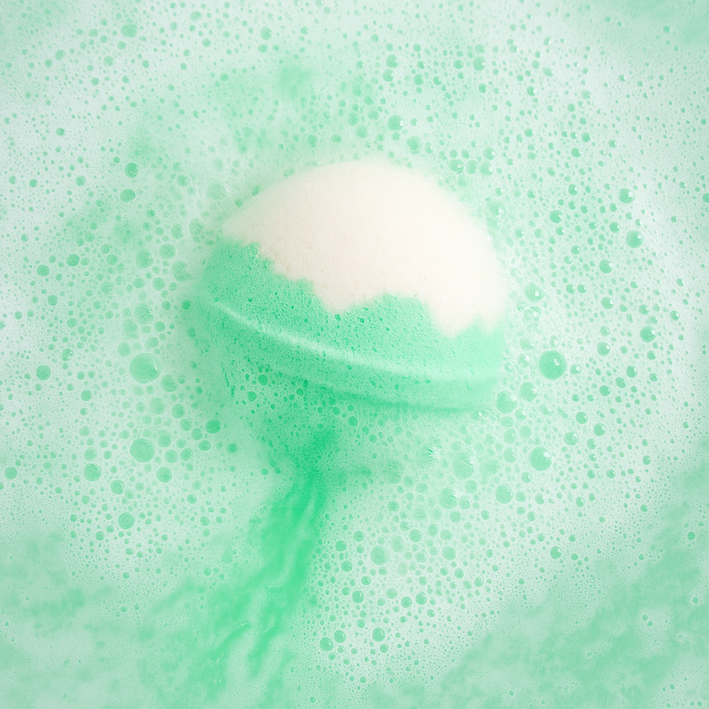 cucumber melon bath bomb in tub water fizzing and foam