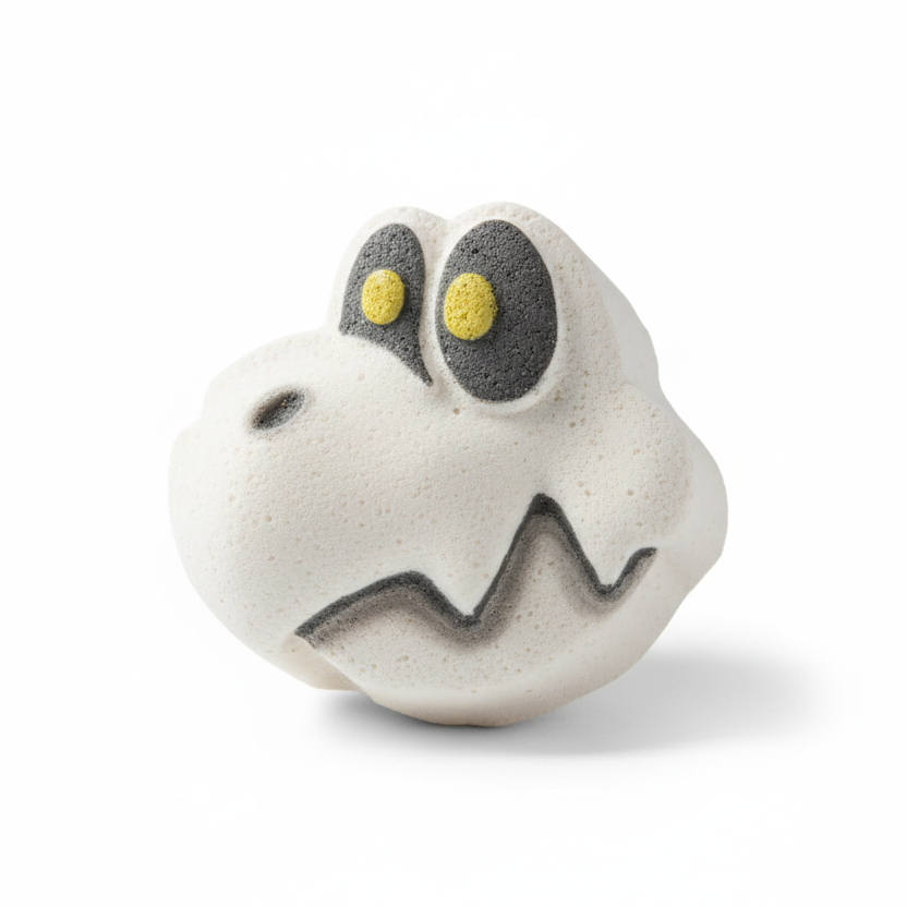 White turtle from mario dry bones bath bomb with gray and yellow eyes on a white background