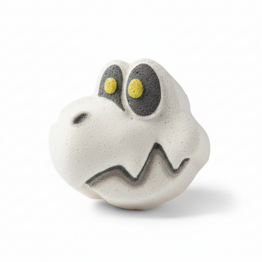 White turtle from mario dry bones bath bomb with gray and yellow eyes on a white background