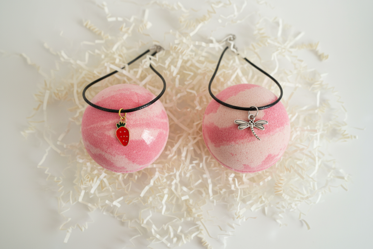 Flat lay bath bomb and necklace