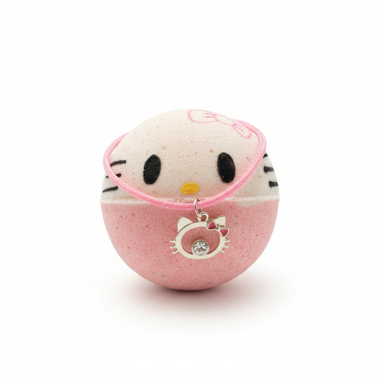 Happy Pretty Anime Kitty with a bow Handpainted Large Sized BathBomb with Charm Necklace inside!