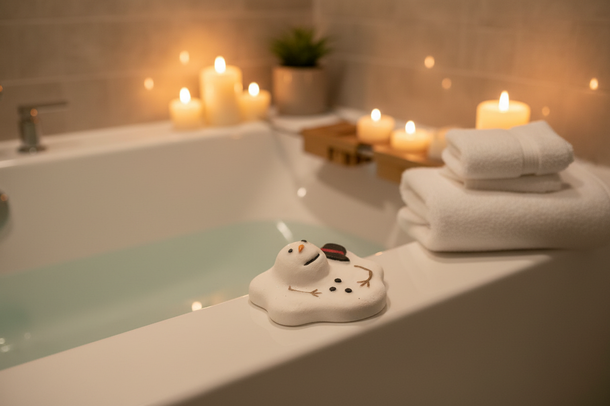 Melted snowman bath bomb lifestyle shot in spa bathroom setting