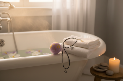 Golden grape bath bomb lifestyle shot in spa bathroom setting