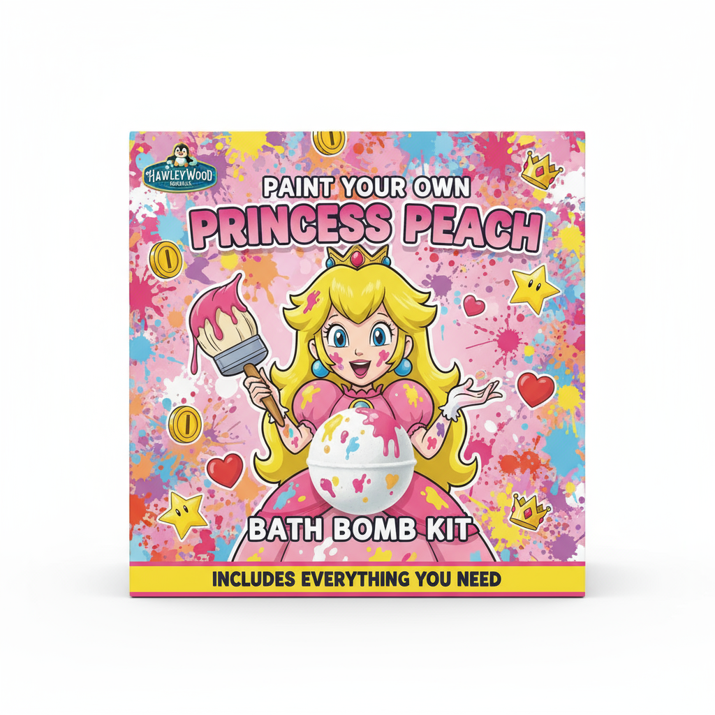 Paint your own Princess Peach bath bomb kit packaging with colorful design and cartoon character.