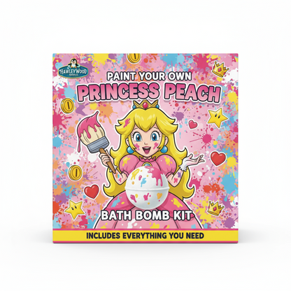 Paint your own Princess Peach bath bomb kit packaging with colorful design and cartoon character.