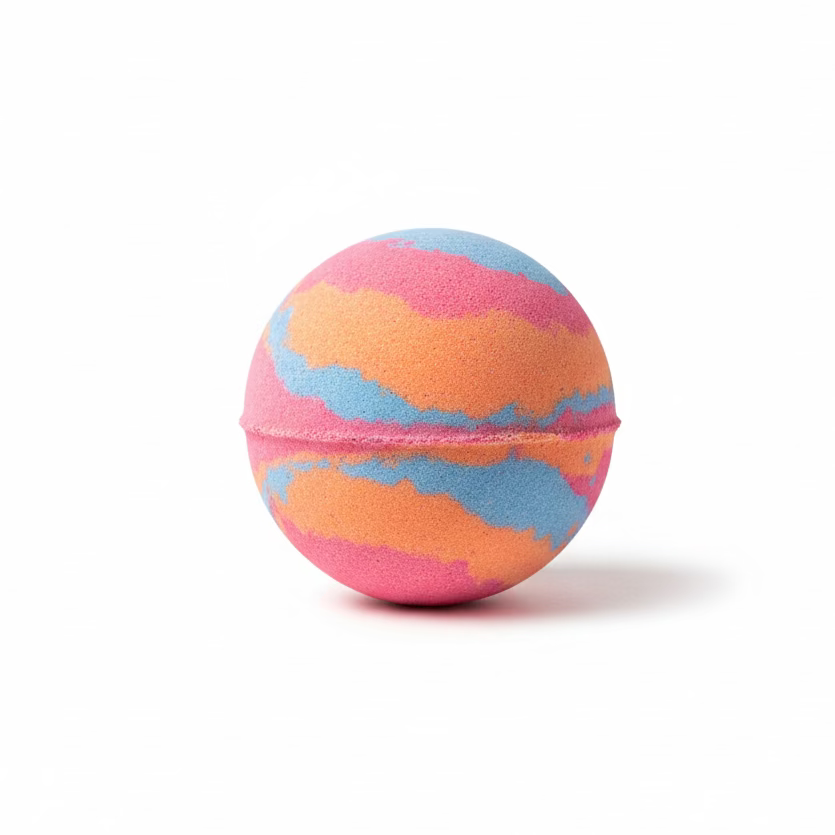 Colorful bath bombs with a gradient of pink, orange, and blue on a wooden surface.