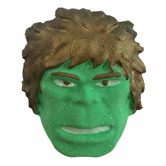 Green superhero hulk with brown hair on a reflective surface