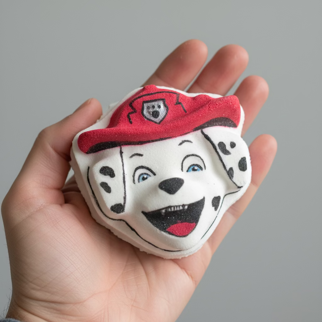 bath bomb shaped like a dog's face with a red hat held in a hand against a gray background