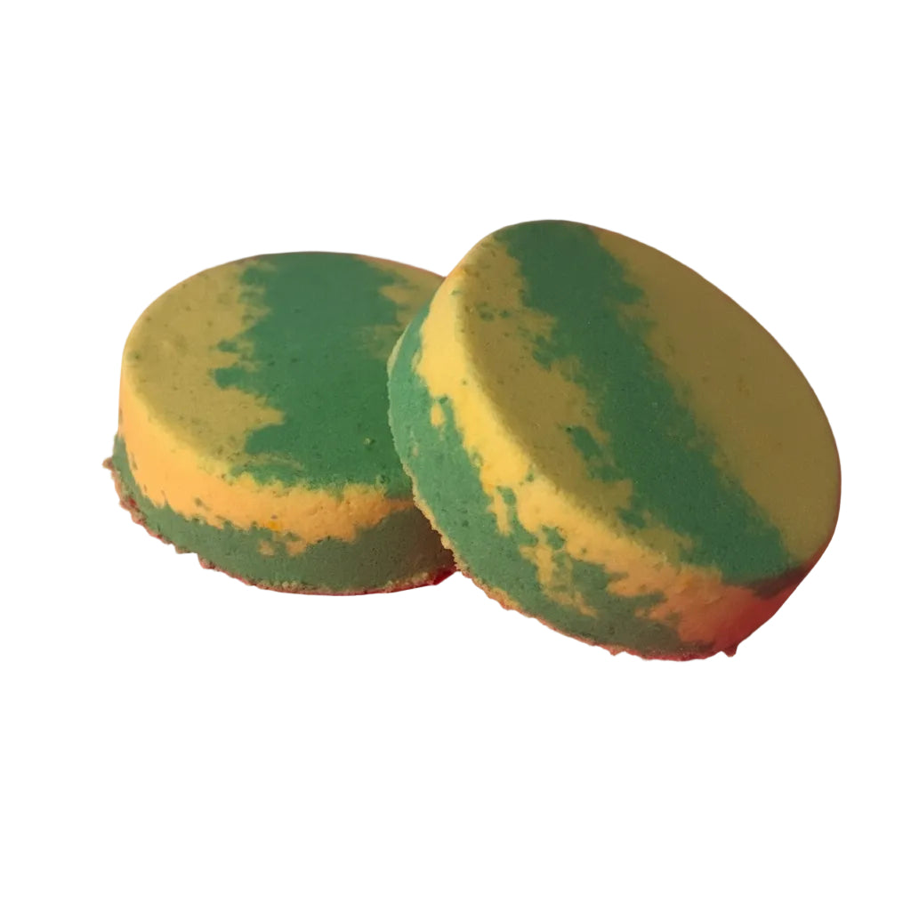 Two green and yellow shower steamers
