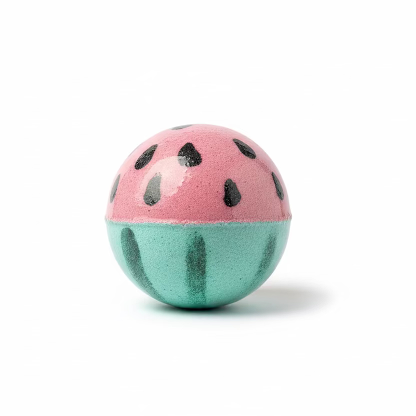 Bath bombs shaped like watermelons in a white dish on a beige surface.