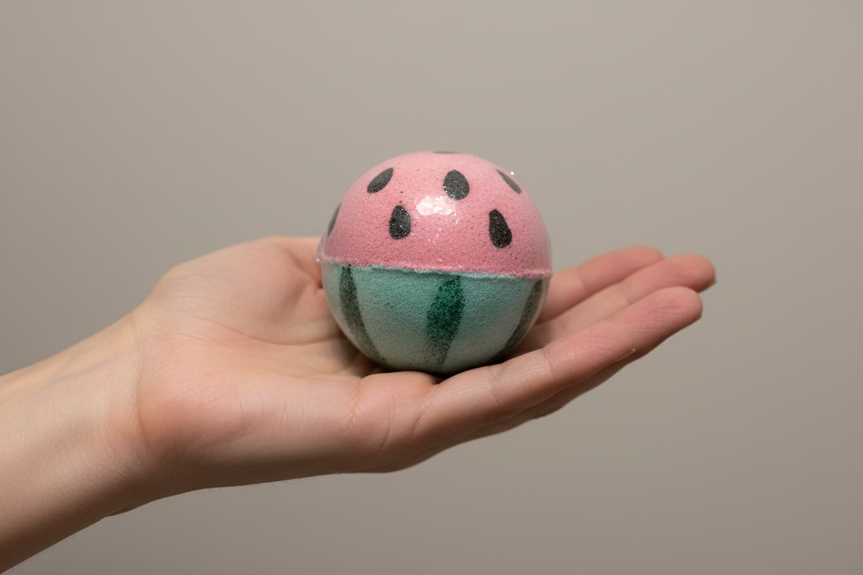 Hand holding a watermelon-themed bath bomb against a plain background