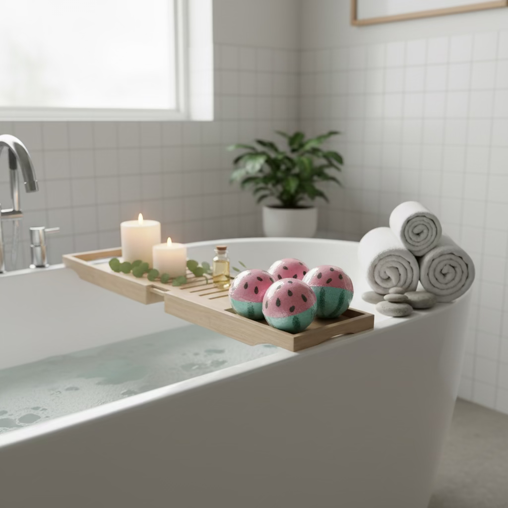 Bathroom scene with a bathtub, candles, bath bombs, and towels.